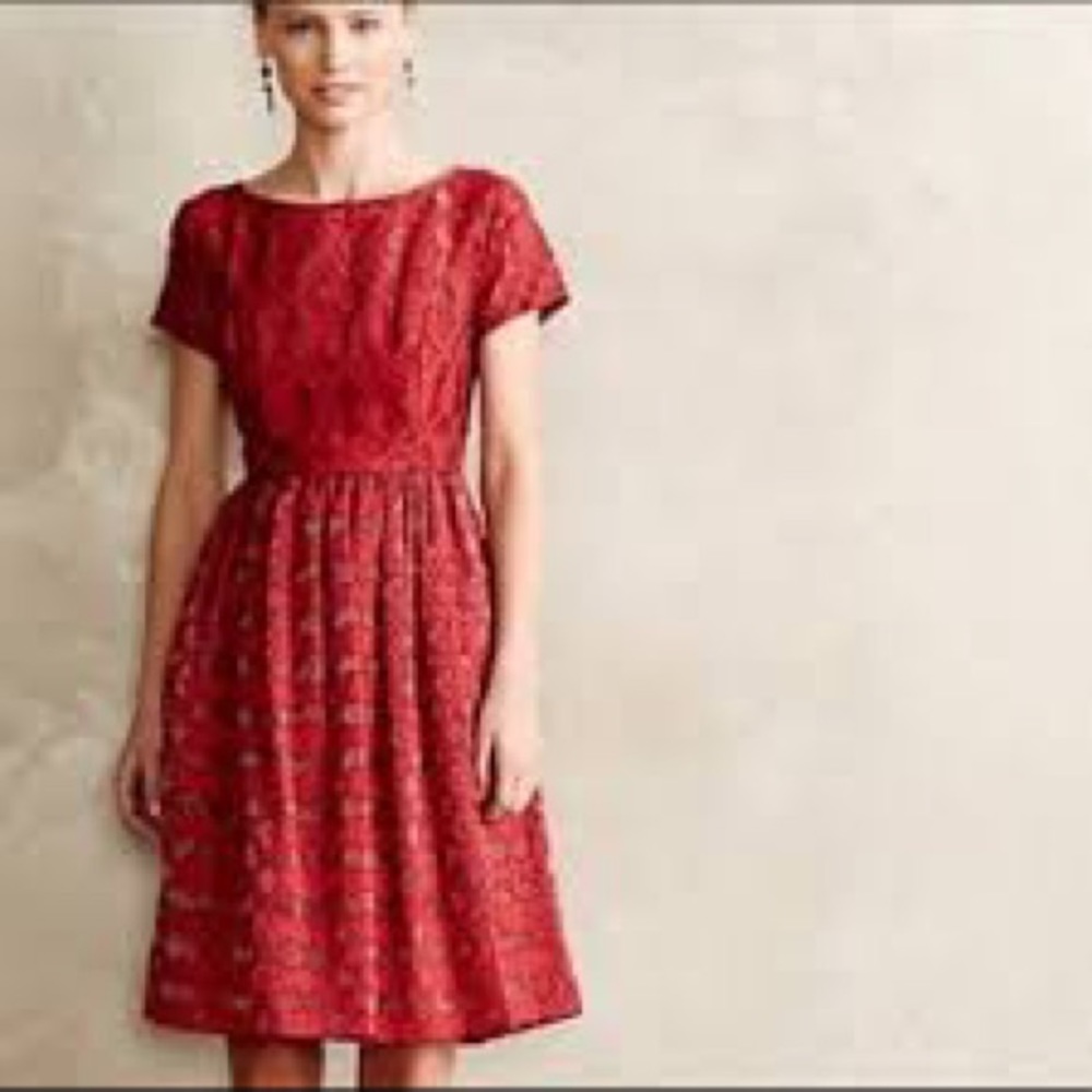 Moulinette Soeurs red brocade cocktail dress